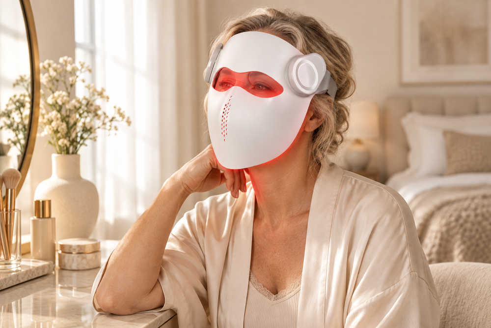 Woman at her dressing table wearing the Kivorla LED face mask with the red light on