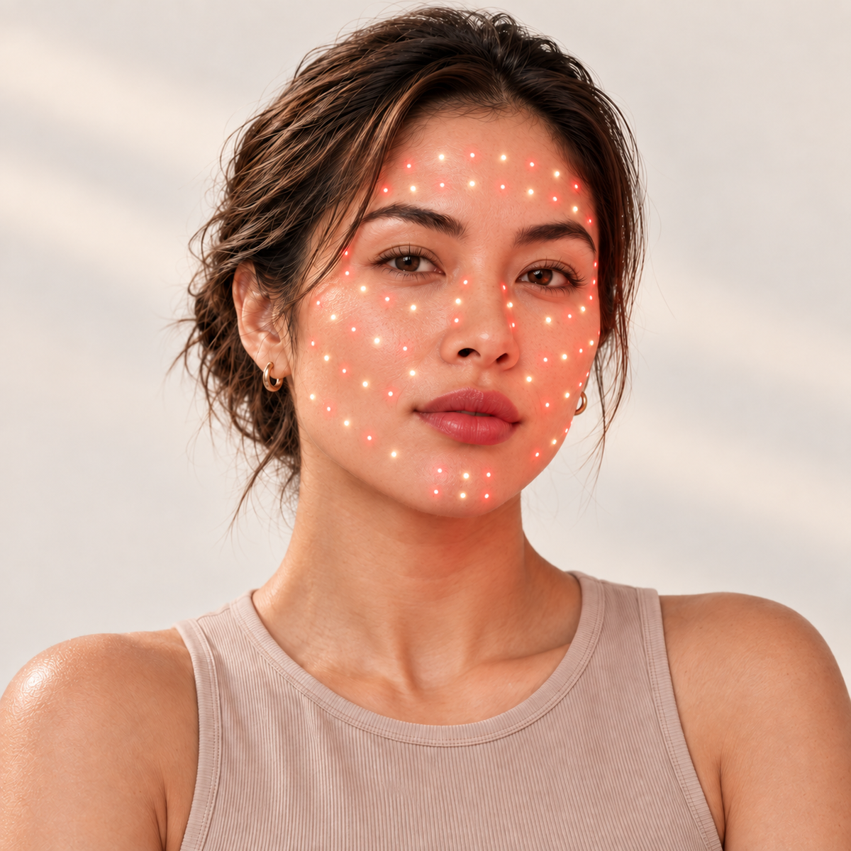 Face showing widely spaced points of light, illustrating a mask with fewer LEDs