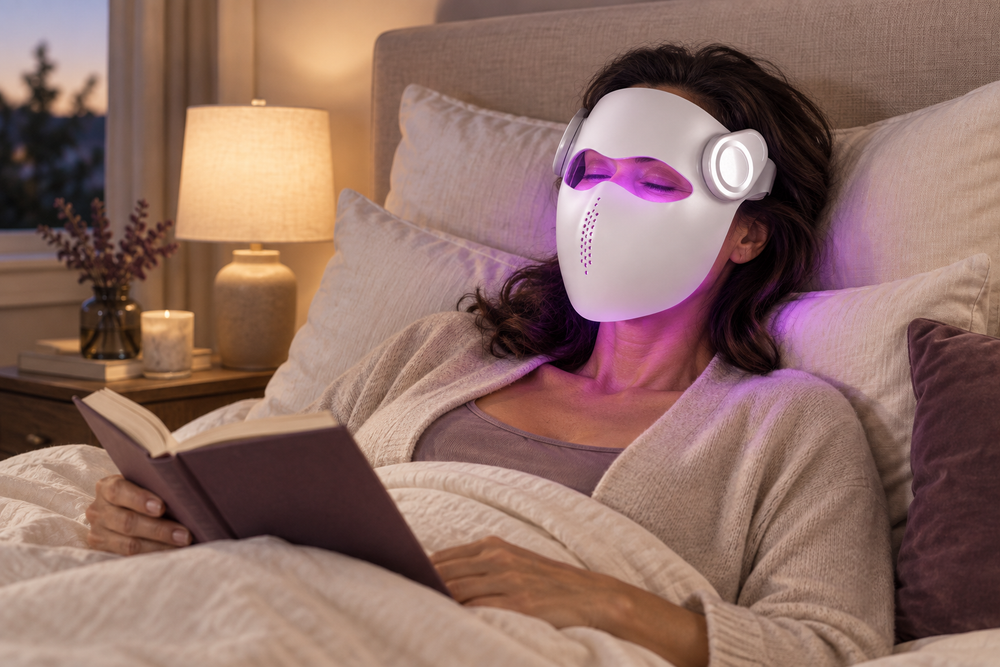 Woman reading in bed wearing the Kivorla LED face mask with purple light on