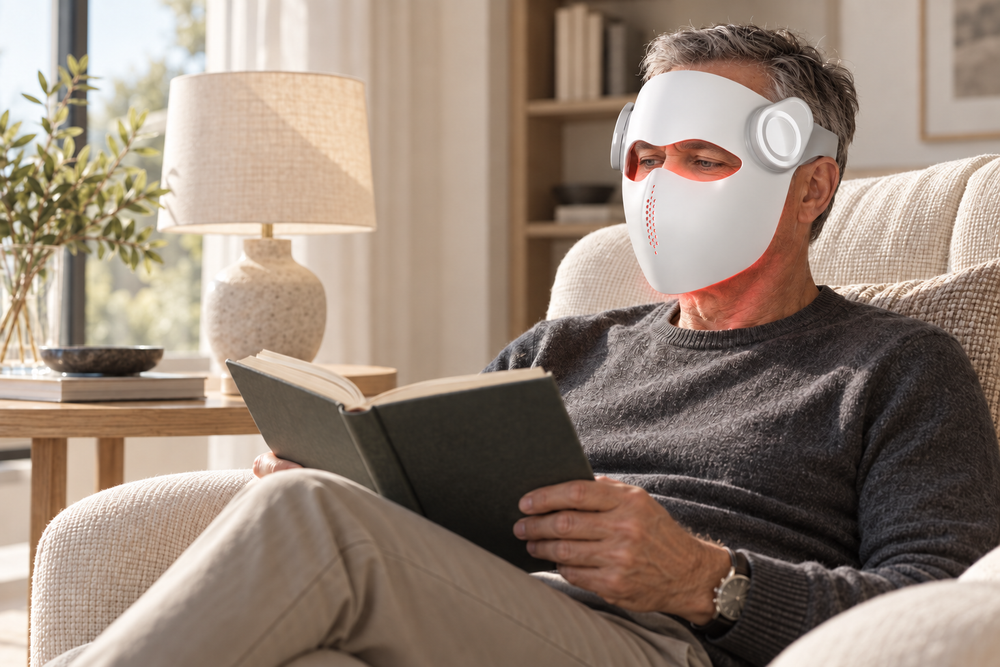 Man reading a book in an armchair while wearing the Kivorla LED face mask