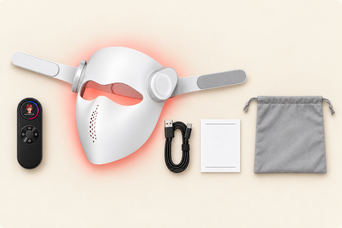 Kivorla LED face mask with its remote control, charging cable, manual and storage bag