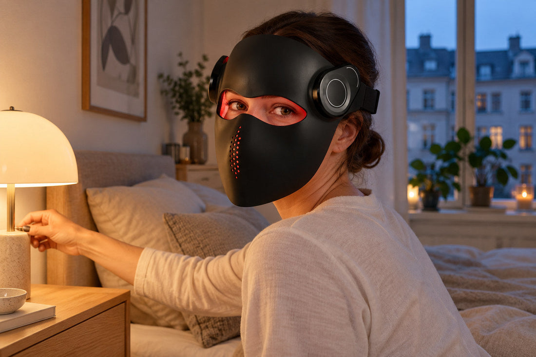 Woman switching on a bedside lamp in her bedroom while wearing the black Kivorla red light therapy mask