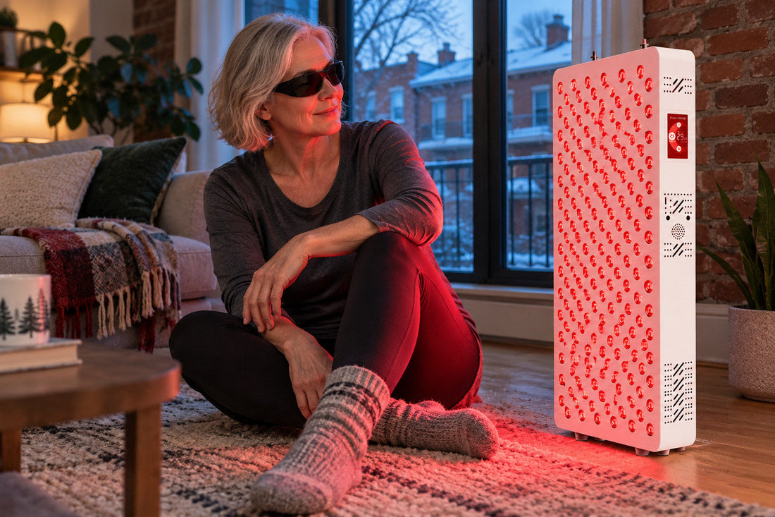 Woman sitting on a living room rug beside the Kivorla red light therapy panel, wearing protective goggles