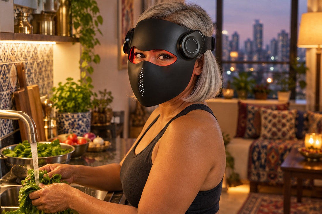 Woman washing greens at the kitchen sink while wearing the black Kivorla red light therapy mask