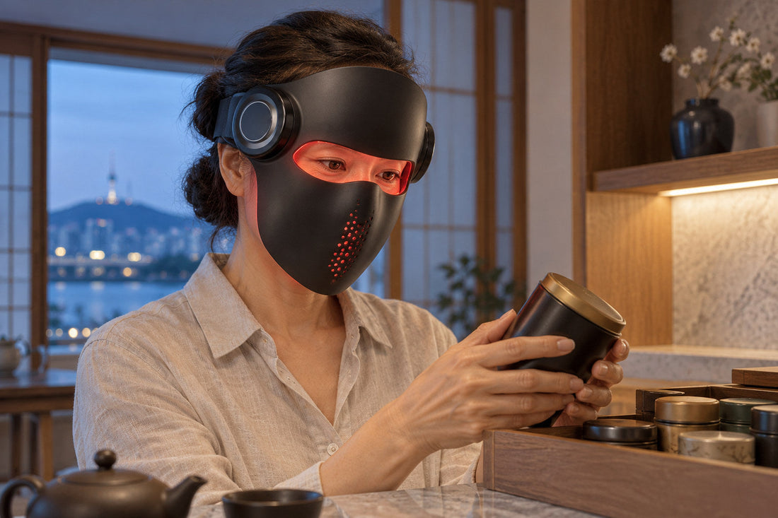 Woman looking at tea tins in her kitchen while wearing the black Kivorla red light therapy mask