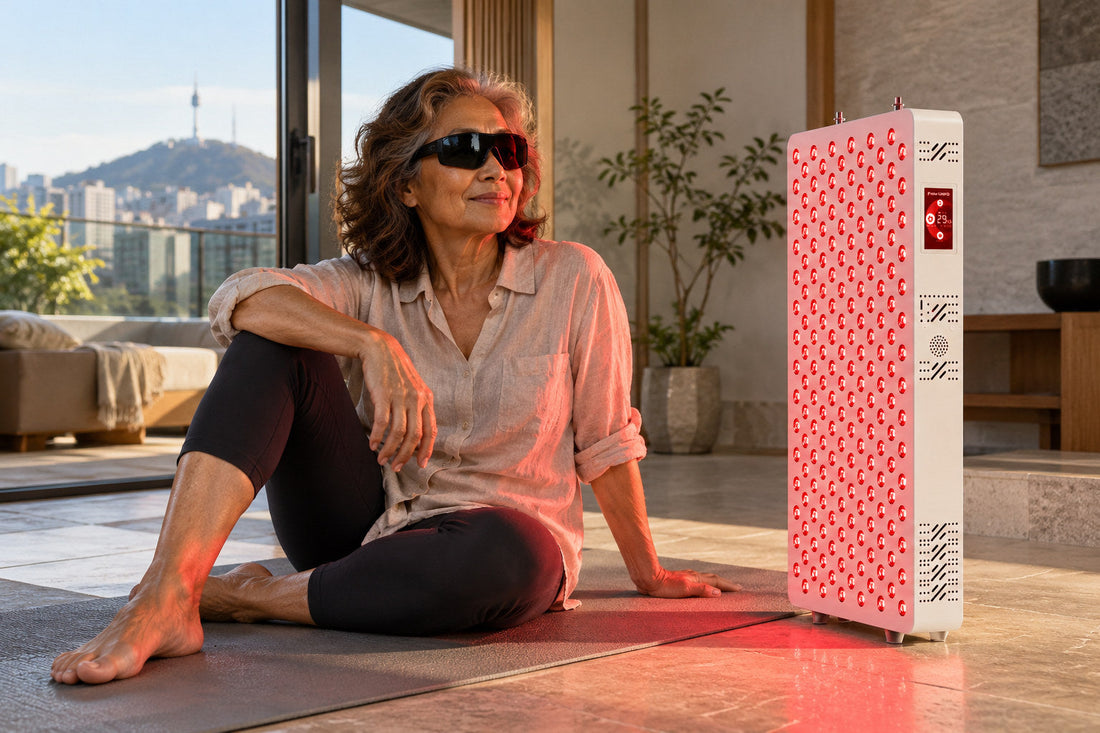 Woman sitting on a yoga mat beside the Kivorla red light therapy panel, wearing protective goggles