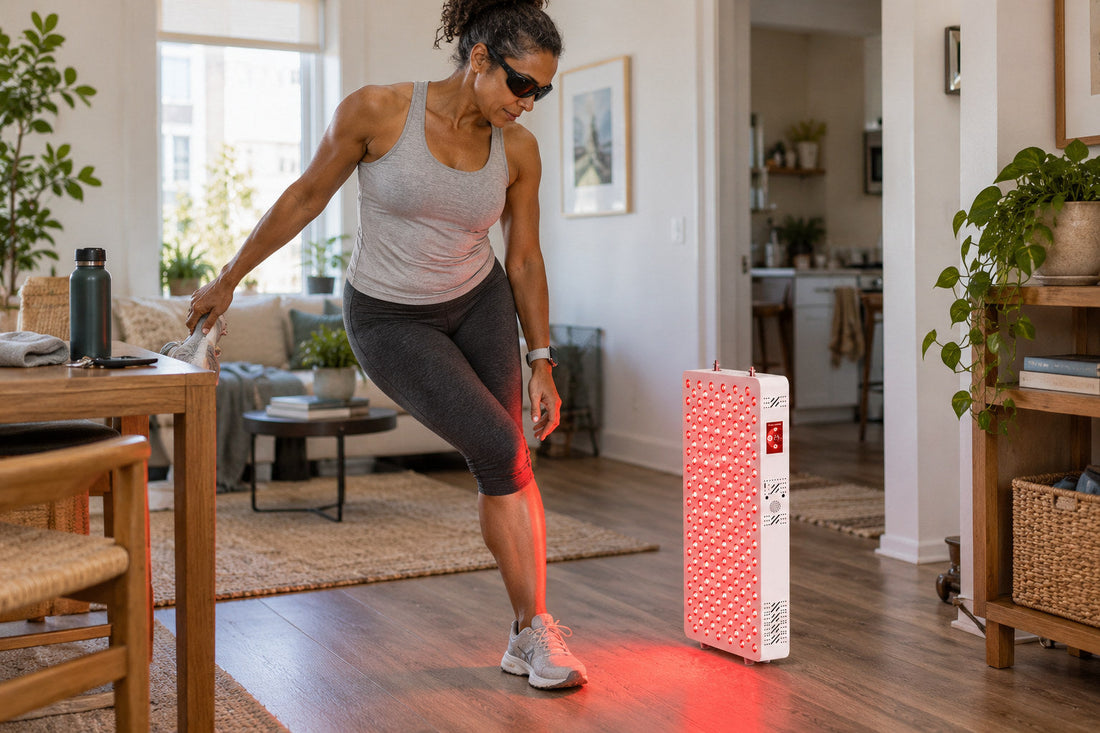 Woman wearing goggles stretching in her apartment in front of the Kivorla red light therapy panel