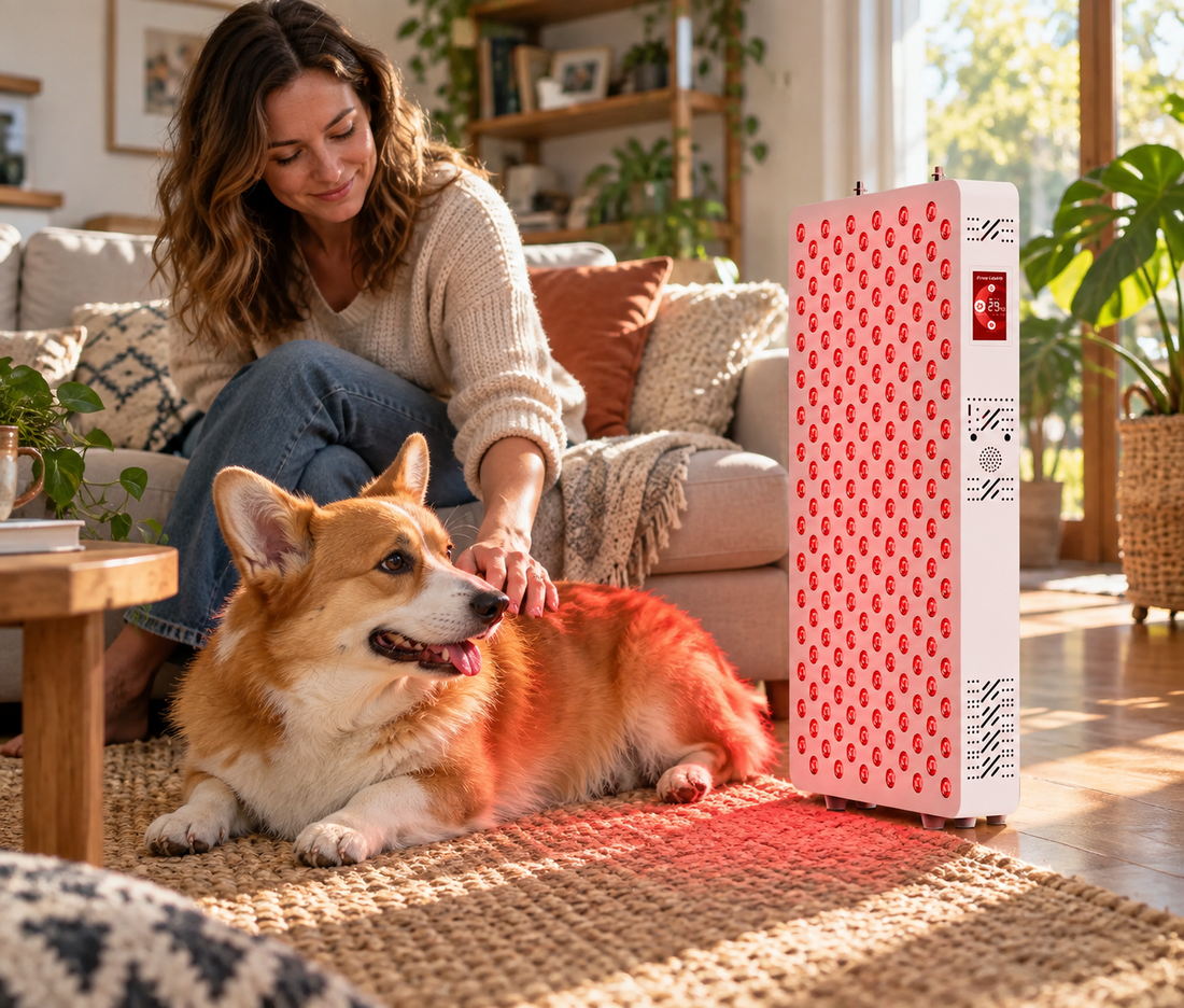 Corgi lying on a rug with its back to the Kivorla red light panel while its owner strokes it