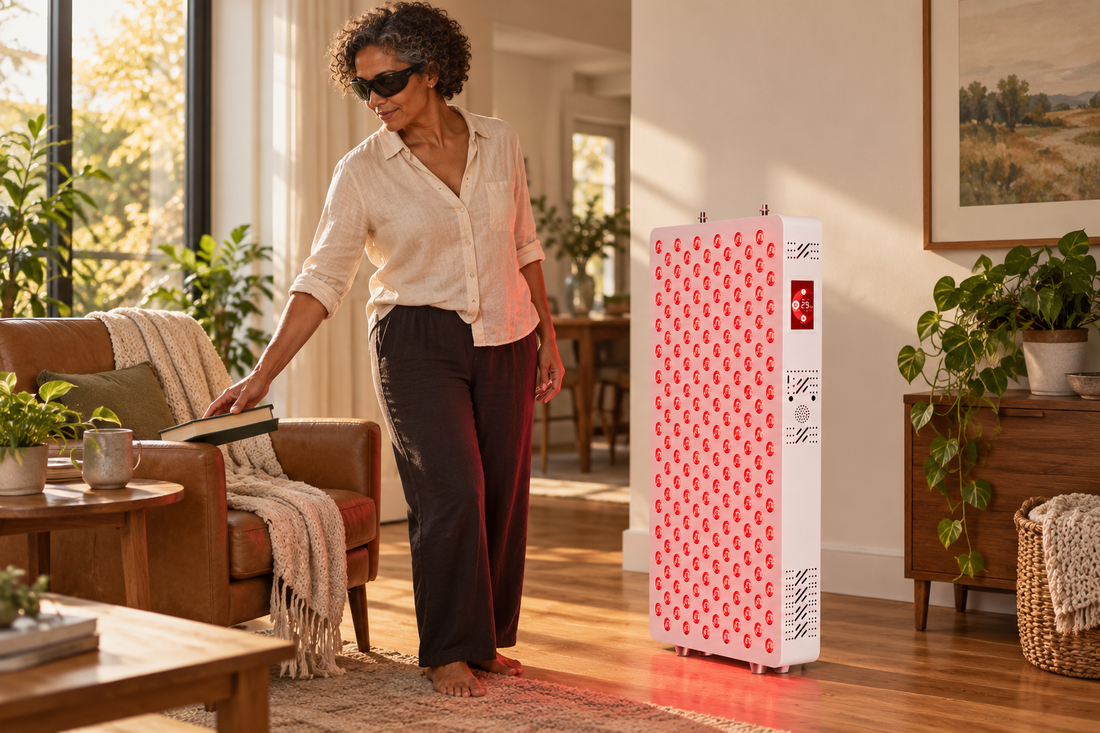 Woman wearing goggles standing beside the Kivorla red light panel in a living room