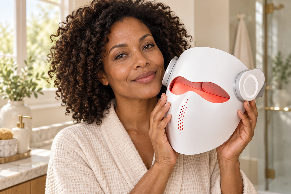 Woman holding the white Kivorla LED face mask beside her cheek in a bright bathroom