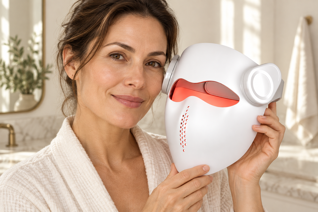 Woman in a bathrobe holding the white Kivorla LED face mask beside her face