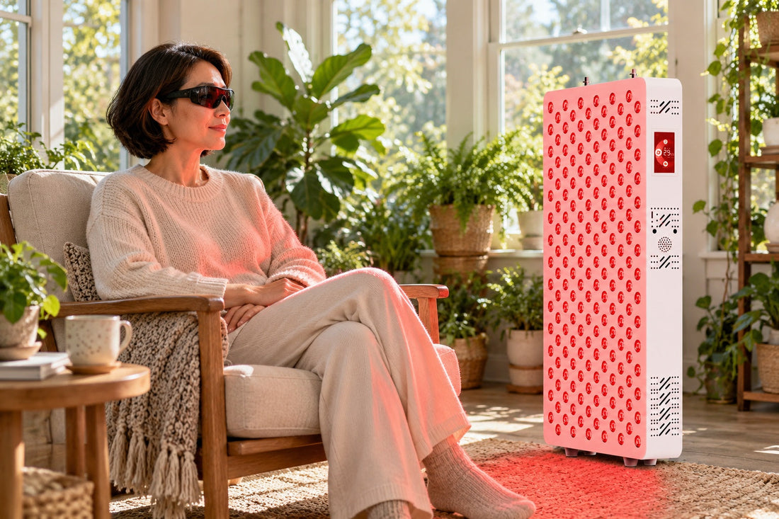 Woman in goggles sitting in a sunroom beside the Kivorla red light panel