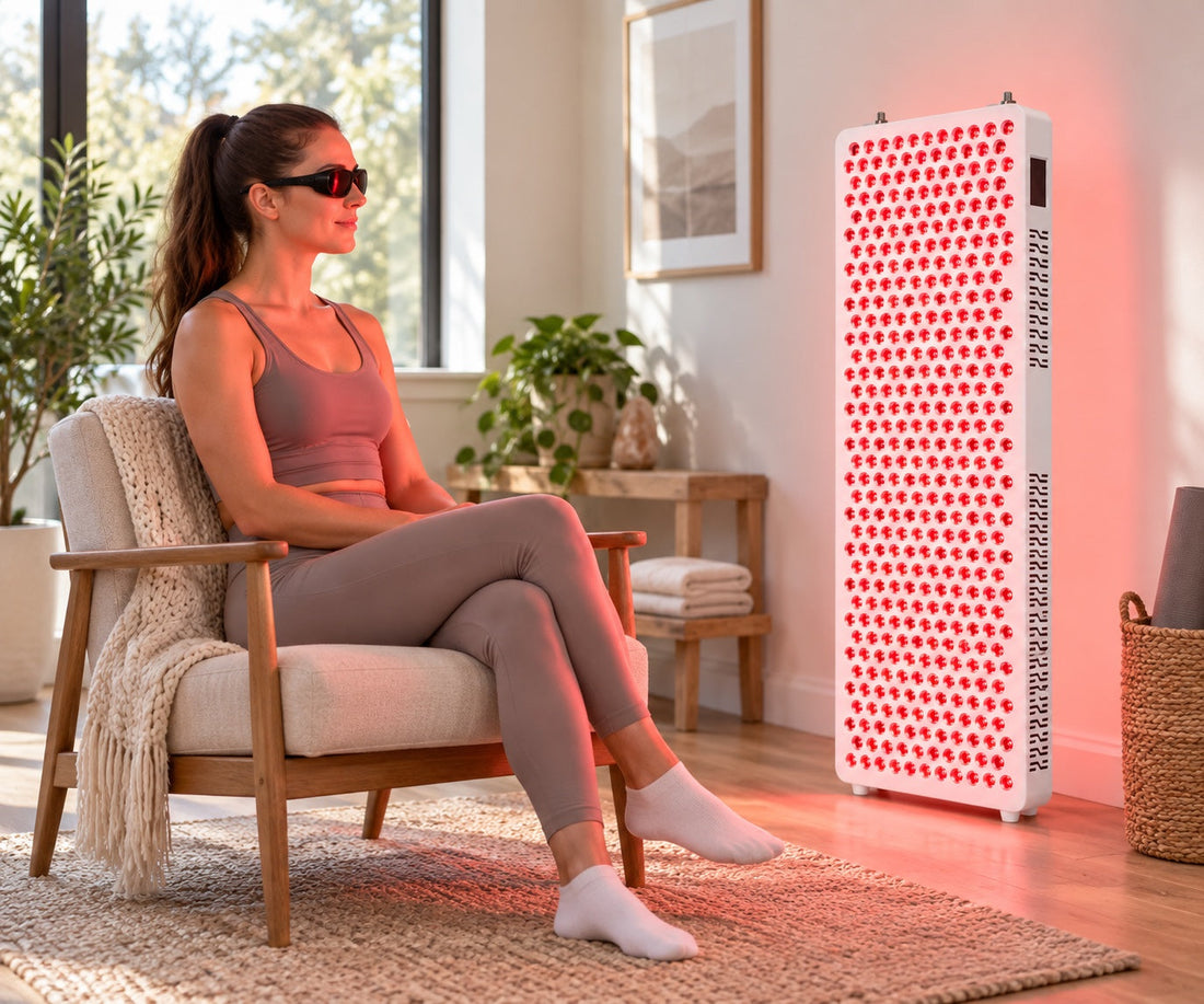 Woman sitting in an armchair in front of the Kivorla red light panel standing on the floor at home
