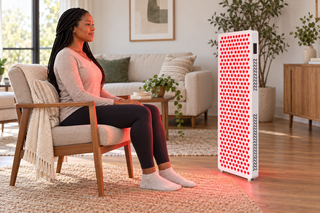 Woman sitting in an armchair in front of the floor-standing Kivorla red light panel