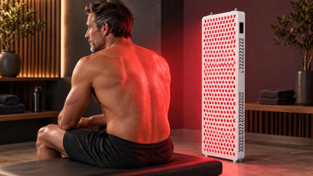 Man sitting with his back to the floor-standing Kivorla red light panel