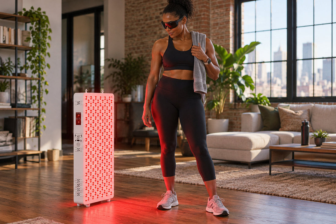 Runner in goggles standing in a loft beside the Kivorla red light therapy panel