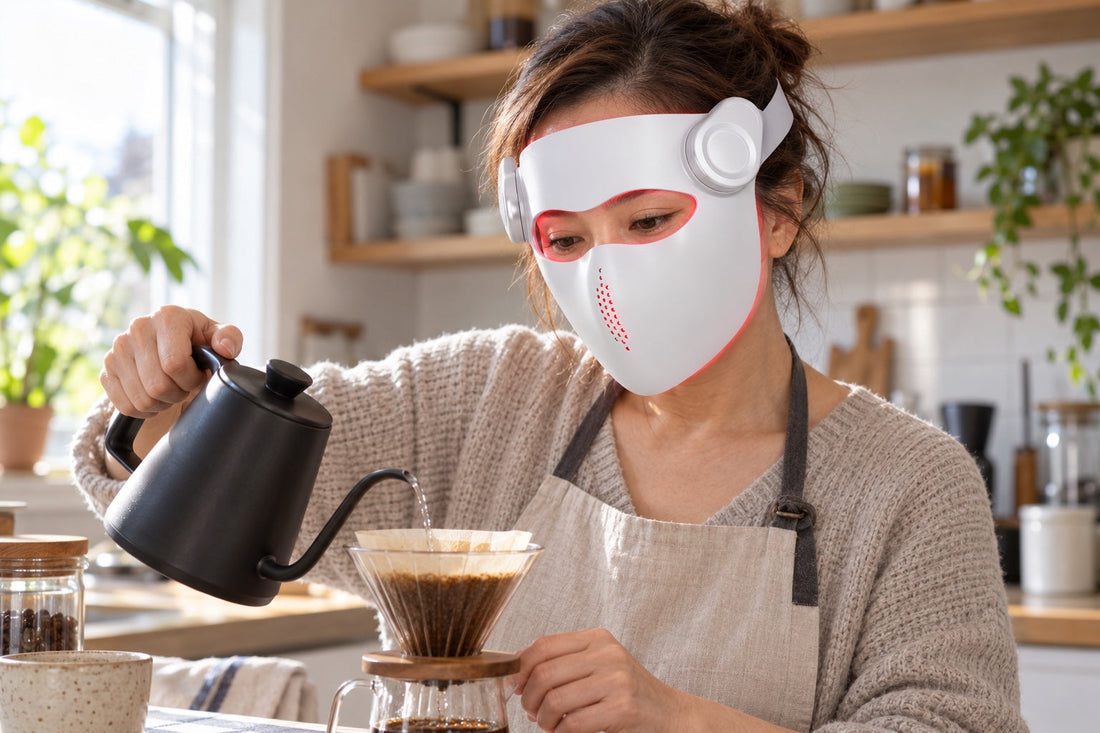 Woman pouring coffee in her kitchen while wearing the white Kivorla red light therapy mask