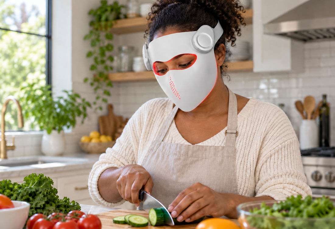 Woman chopping vegetables in her kitchen while wearing the white Kivorla red light therapy mask
