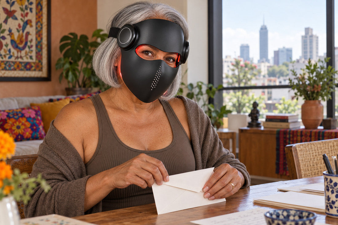 Woman sealing an envelope at her desk while wearing the black Kivorla red light therapy mask