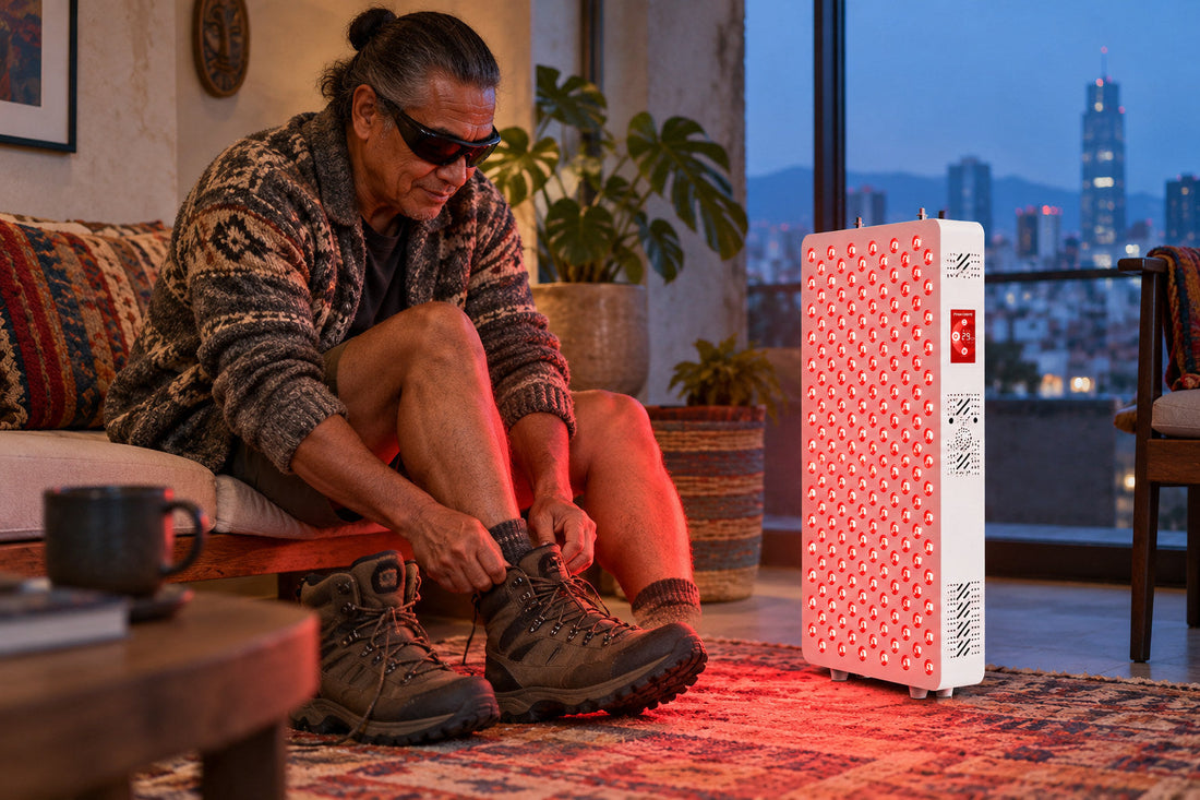 Man lacing his boots on a sofa beside the Kivorla red light therapy panel, wearing protective goggles