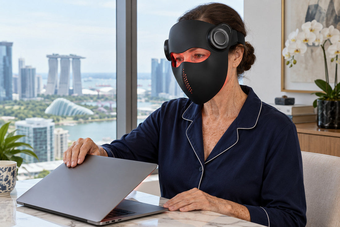 Woman closing a laptop at her desk while wearing the black Kivorla red light therapy mask