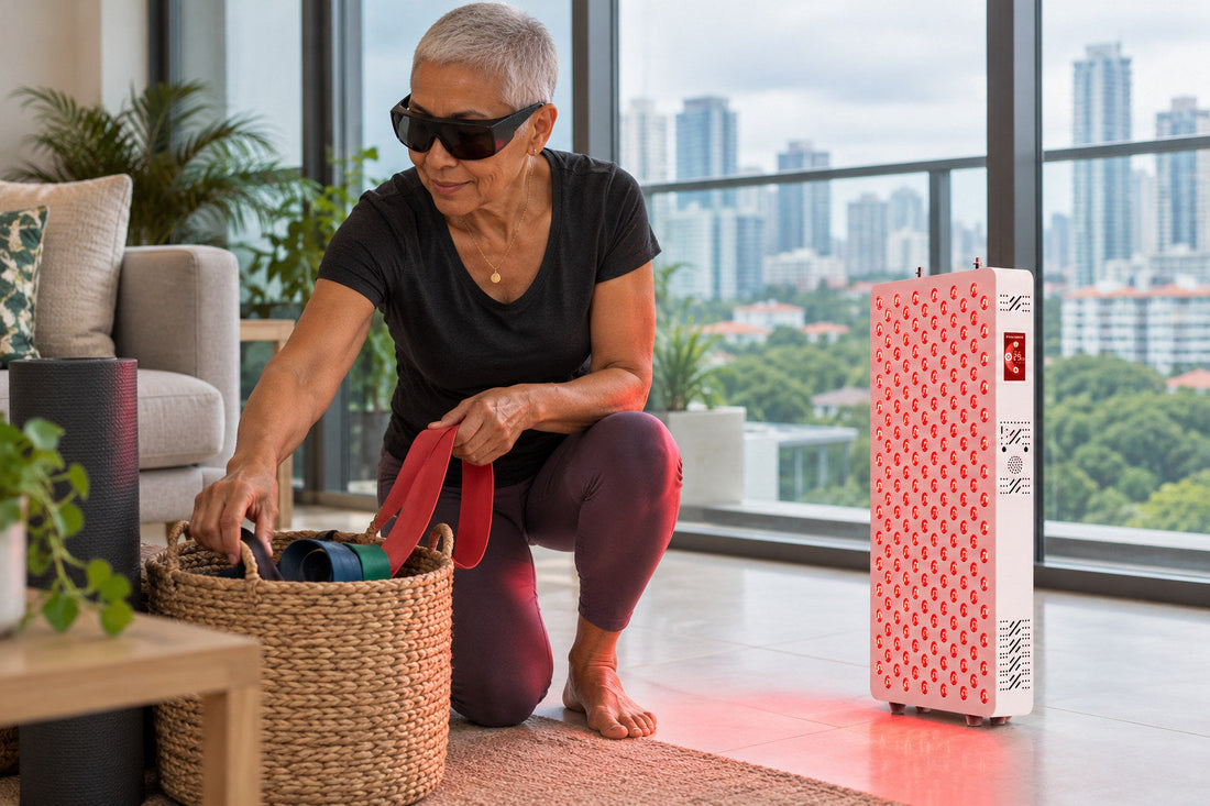Woman packing a basket beside the Kivorla red light therapy panel, wearing protective goggles