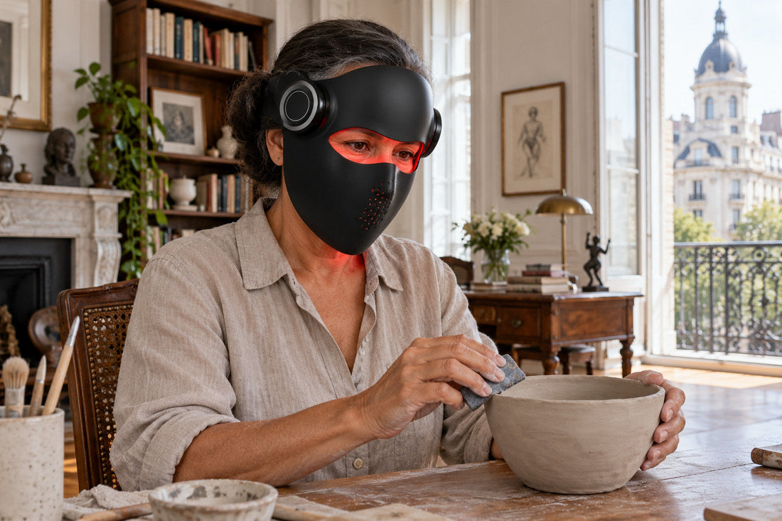 Woman shaping a clay bowl while wearing the black Kivorla red light therapy mask