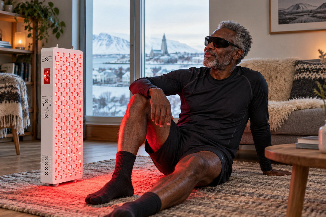 Man sitting on a rug by a snowy window beside the Kivorla red light therapy panel, wearing protective goggles