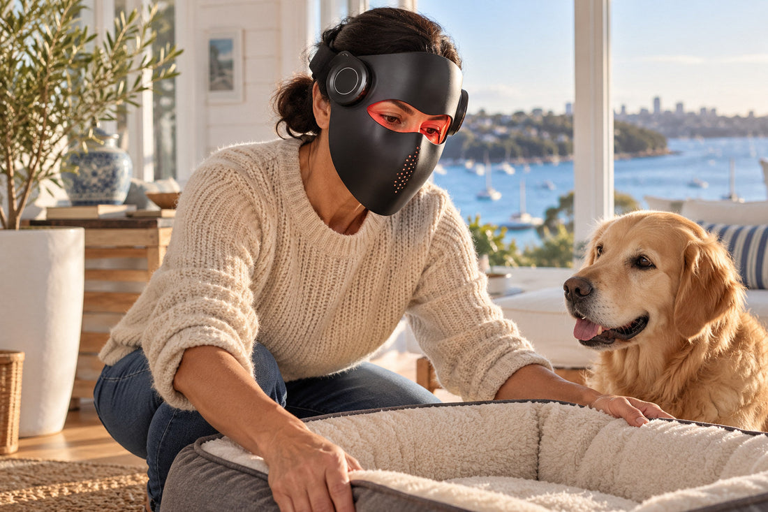 Woman settling her dog into its bed while wearing the black Kivorla red light therapy mask