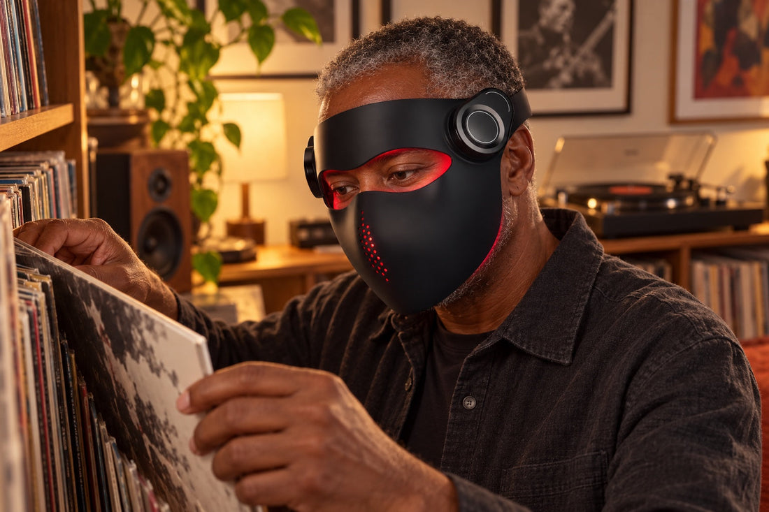 Man browsing vinyl records while wearing the black Kivorla red light therapy mask