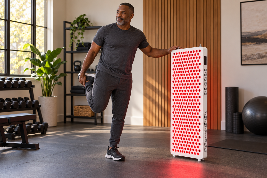 Man stretching beside the floor-standing Kivorla red light panel in a home gym