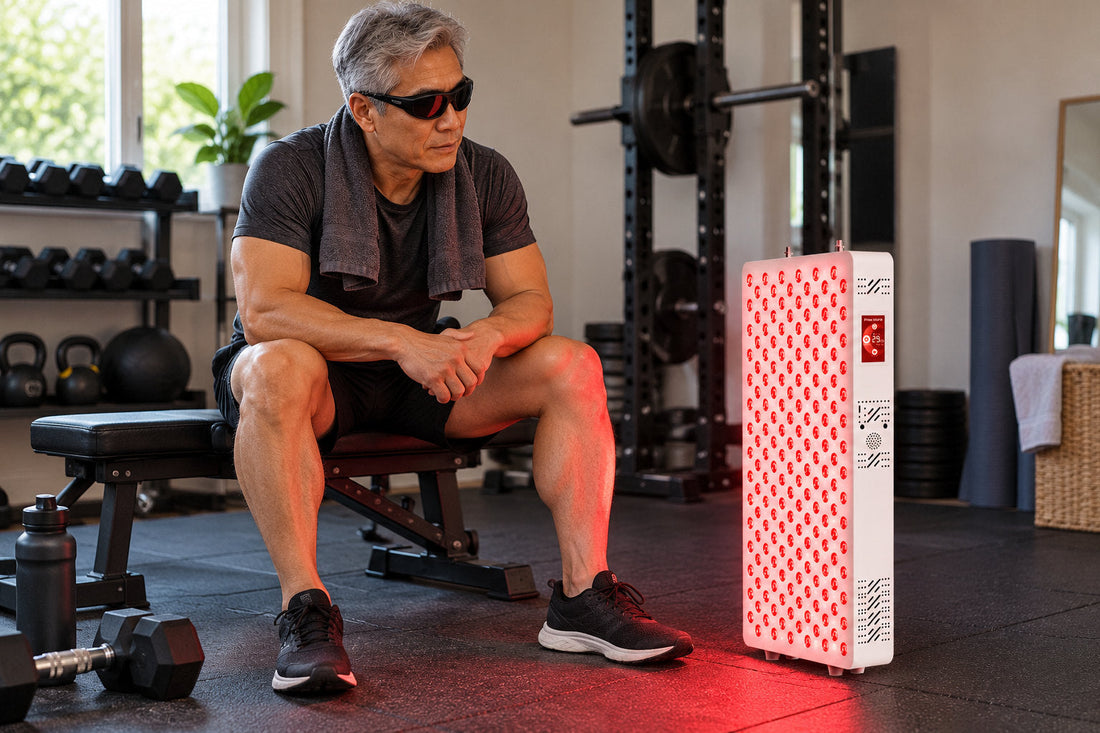 Older man in goggles seated on a weight bench in his home gym beside the Kivorla red light therapy panel