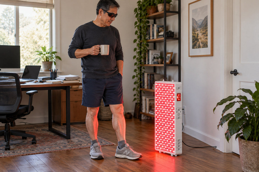 Man wearing goggles standing beside the Kivorla red light therapy panel in a home office