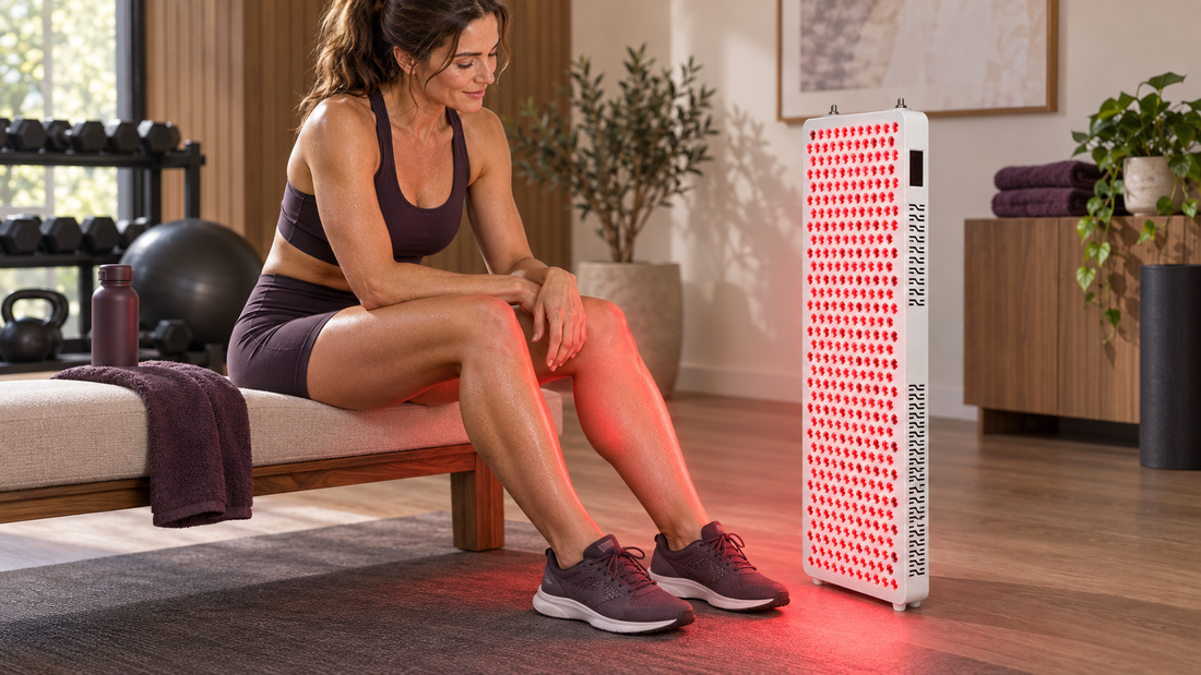Woman sitting on a bench with the Kivorla red light panel lighting her legs