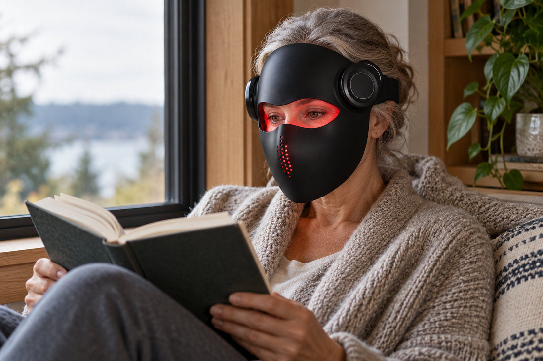Older woman reading by a window while wearing the black Kivorla red light therapy mask