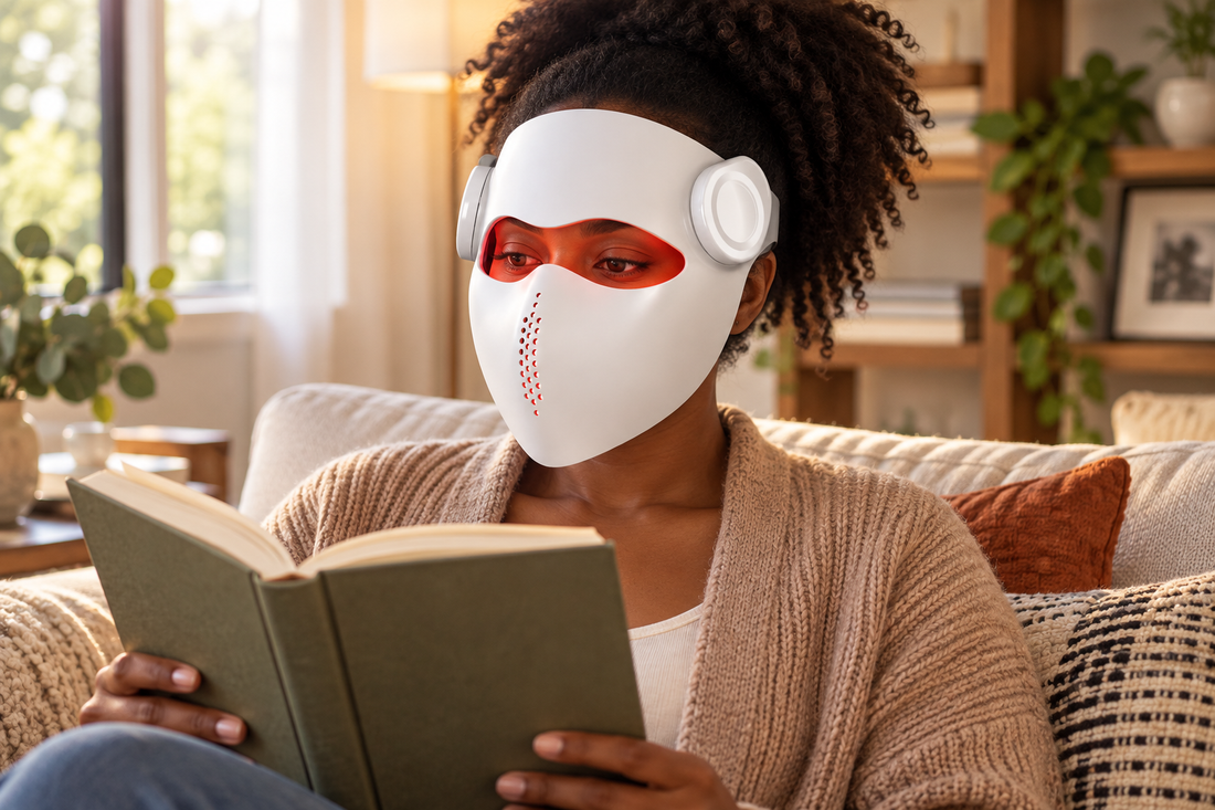 Woman reading a book on a sofa while wearing the Kivorla red light therapy mask