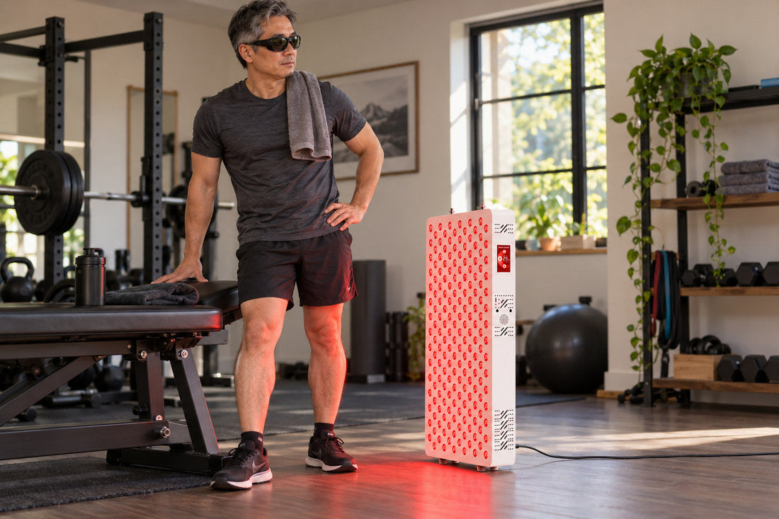 Man in goggles standing in a home gym beside the Kivorla red light therapy panel
