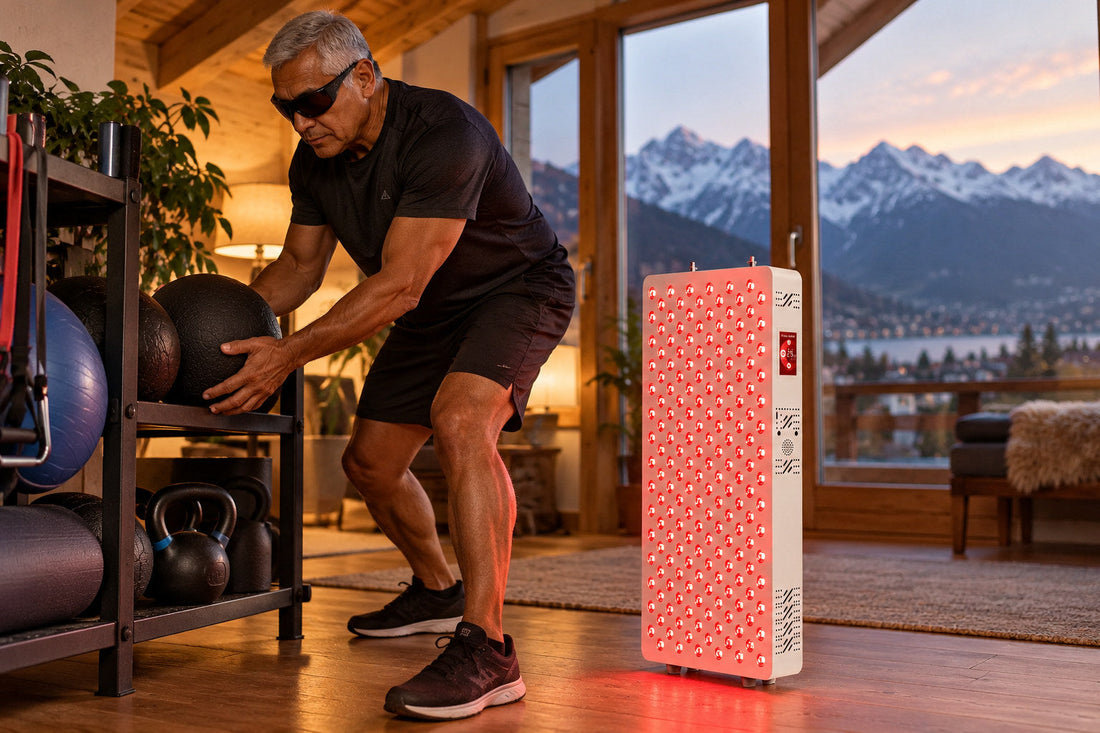 Man lifting a weight ball in a home gym beside the Kivorla red light therapy panel, wearing protective goggles