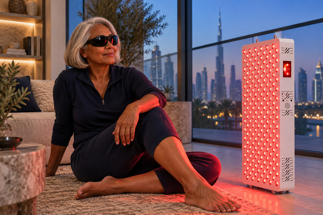 Woman sitting on a rug by a city window beside the Kivorla red light therapy panel, wearing protective goggles