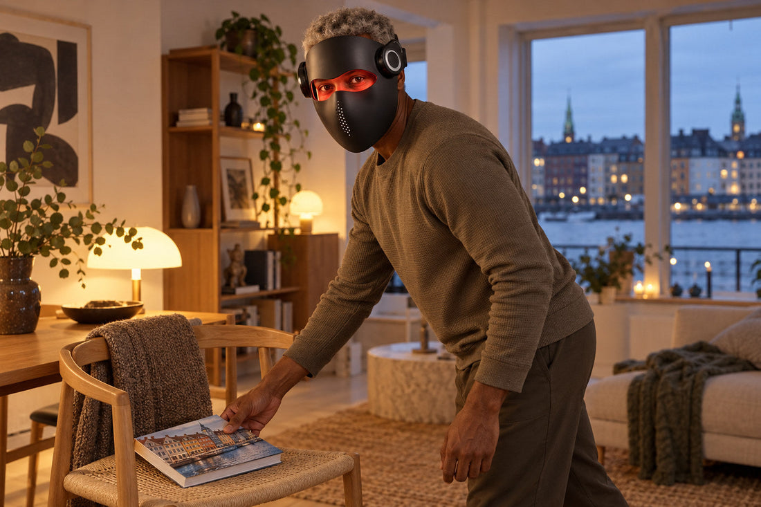Man putting a magazine on a chair while wearing the black Kivorla red light therapy mask