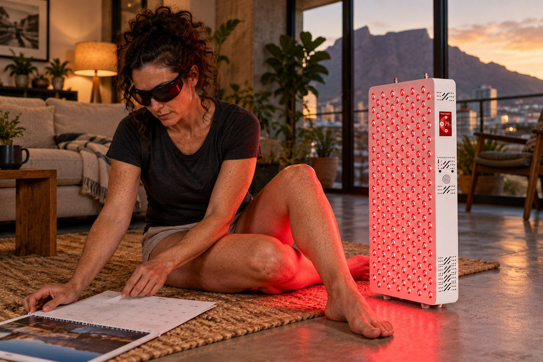 Woman reading a magazine on a rug beside the Kivorla red light therapy panel, wearing protective goggles