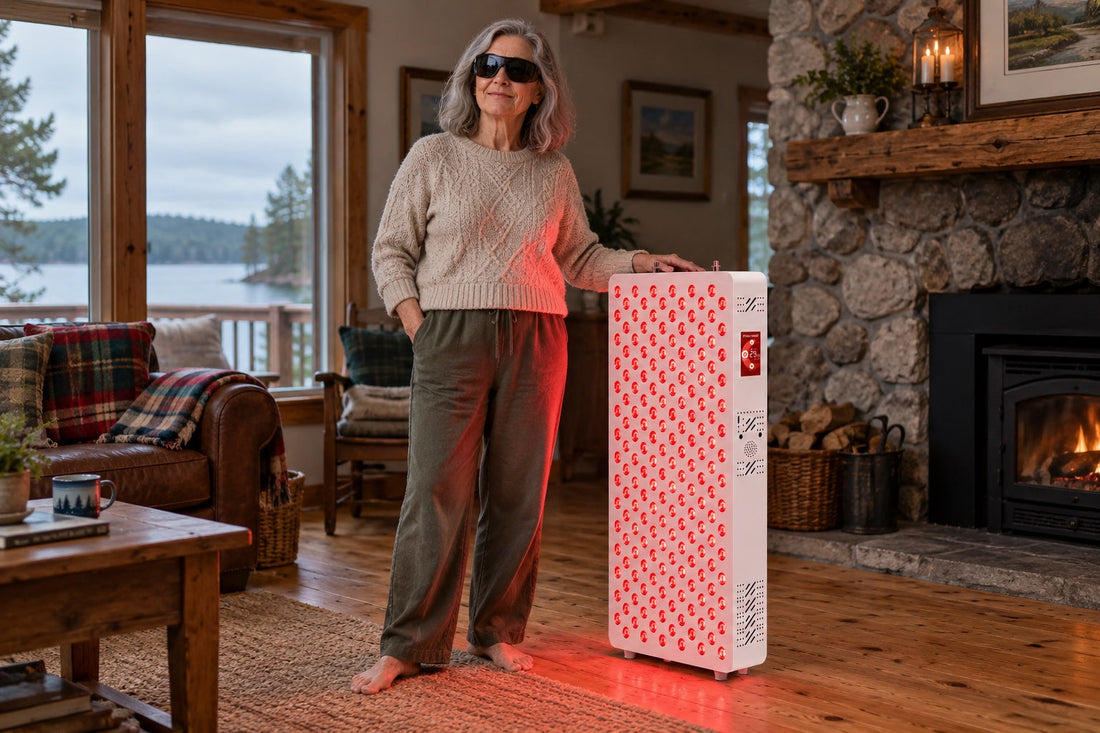 Woman in goggles standing beside the Kivorla red light panel near a fireplace