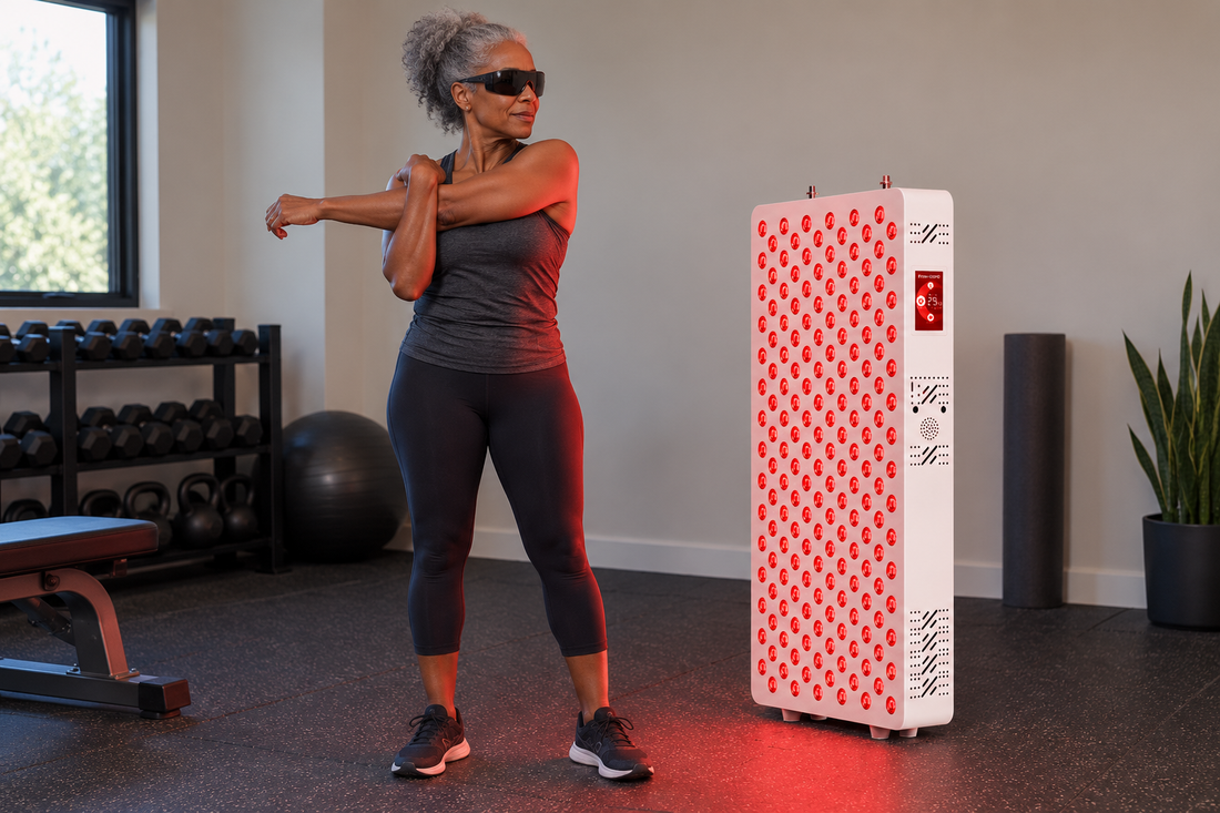 Older woman in goggles stretching her arm in a home gym beside the Kivorla red light therapy panel