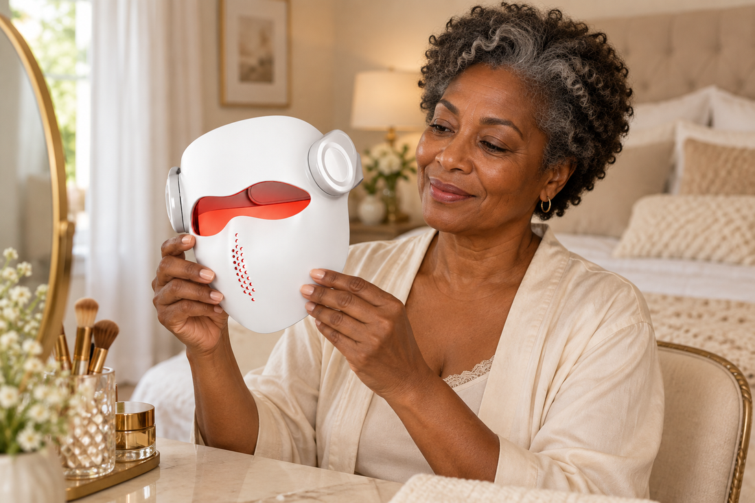 Woman with grey hair holding the white Kivorla LED face mask in a bedroom