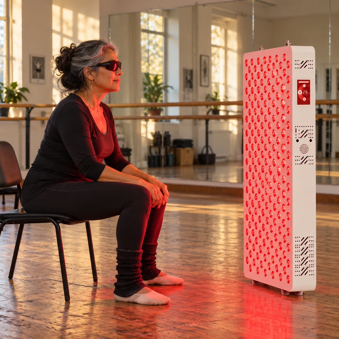 Woman in goggles sitting on a chair beside the Kivorla red light therapy panel in a dance studio
