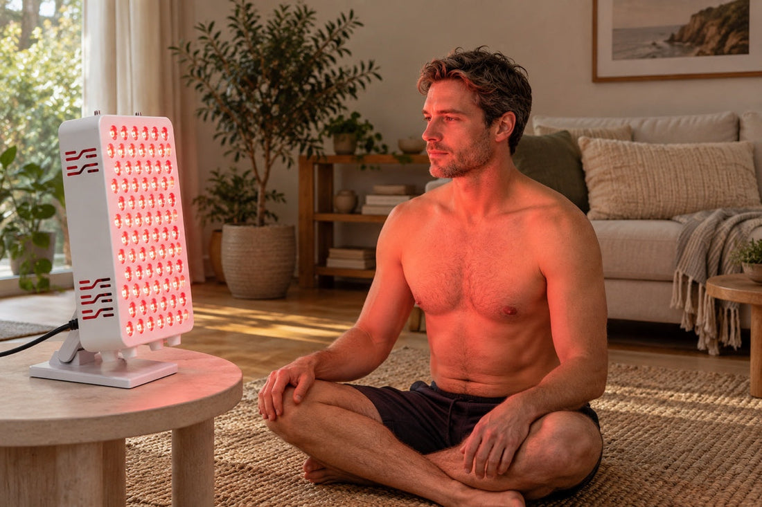 A red light panel session at home