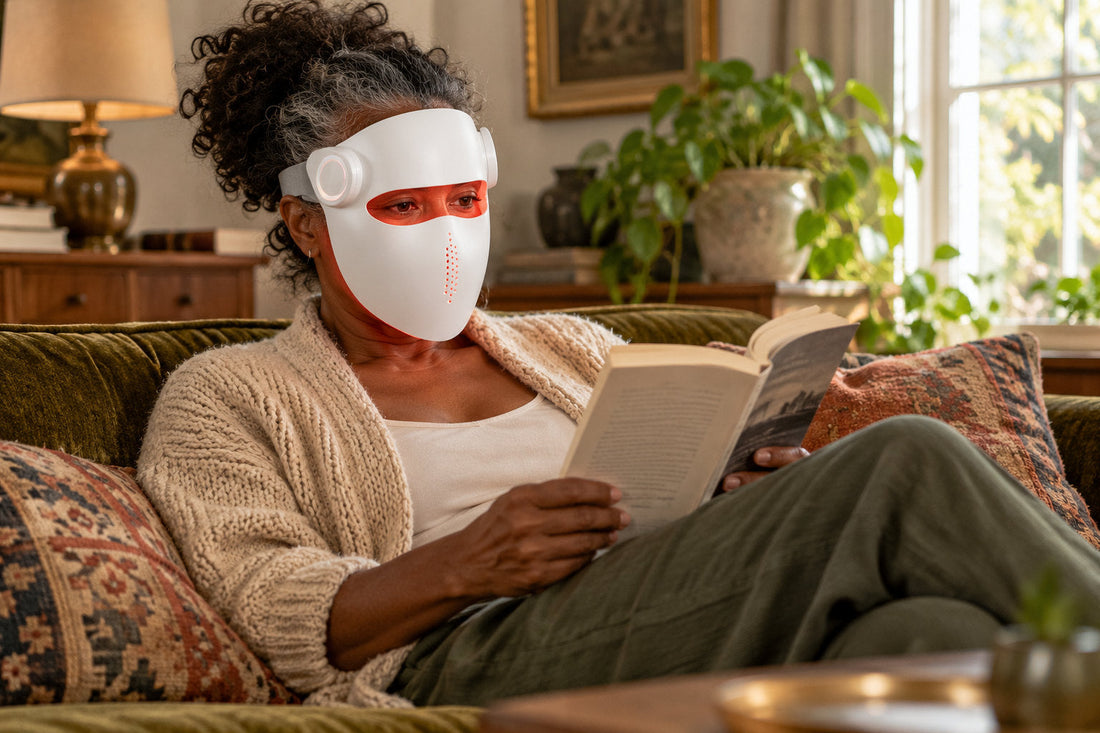 Woman reading a paperback on the sofa while wearing the white Kivorla red light therapy mask