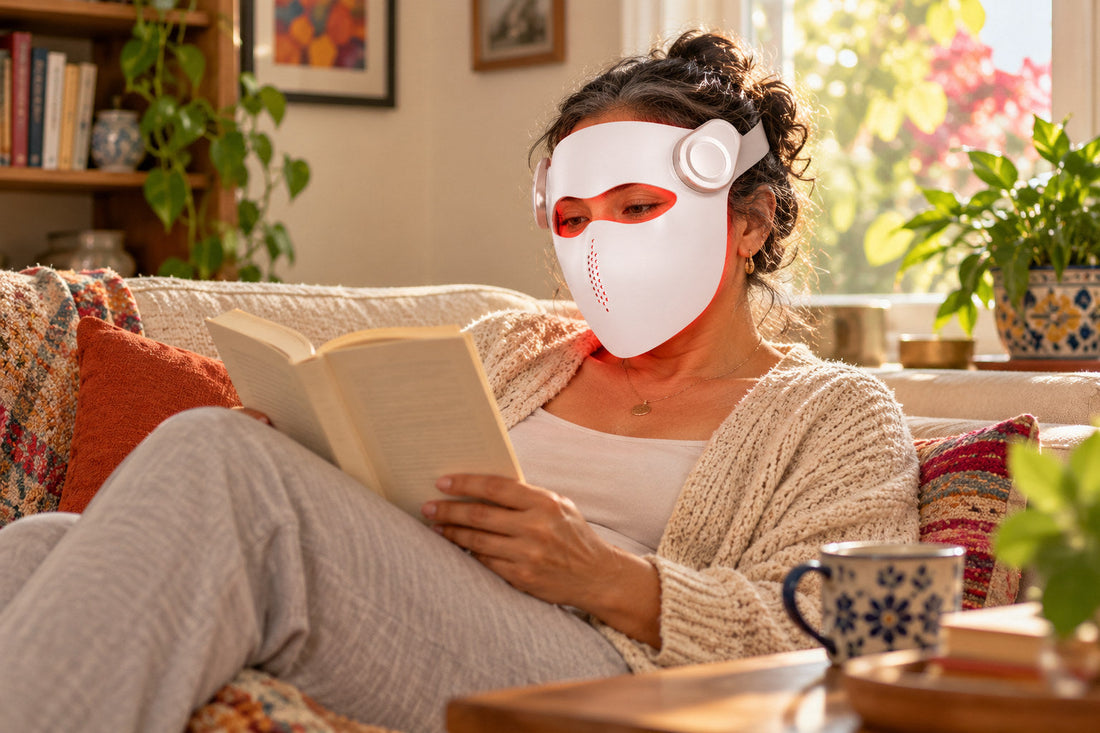 Woman reading on a sofa while wearing the white Kivorla red light therapy mask