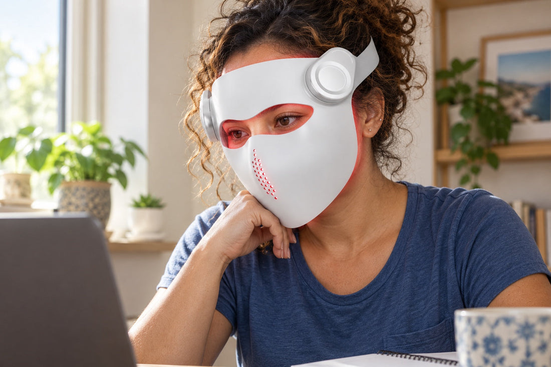 Woman at a laptop wearing the white Kivorla red light therapy mask, her eyes visible through the eye opening