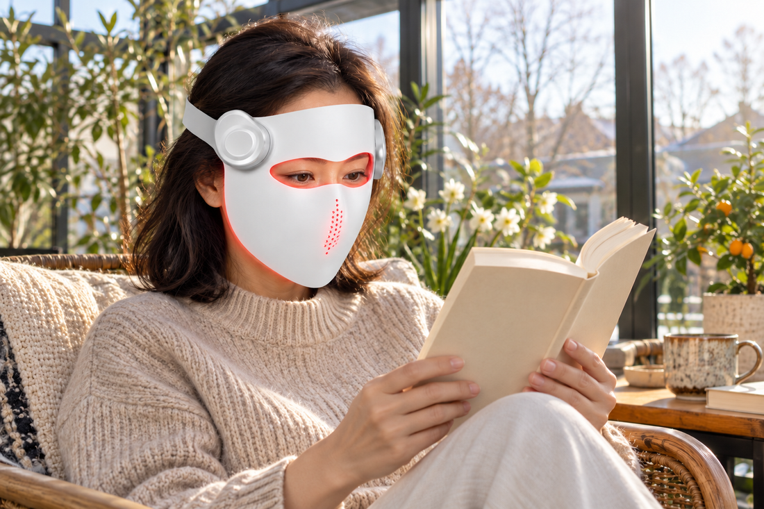 Woman reading in a sunroom while wearing the white Kivorla red light therapy mask